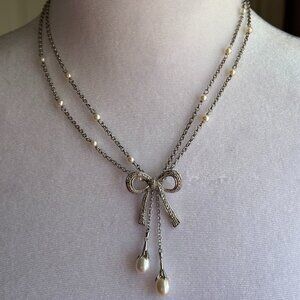 Two Strand Silver Necklace with Bow and Pearls
